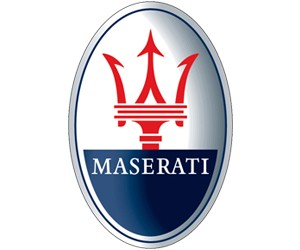 Logo xe Maserati với hình cây đinh ba trên nền xanh, biểu tượng của sức mạnh thần Neptune và di sản Bologna