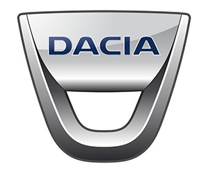 Logo xe Dacia với tên thương hiệu màu xanh, biểu tượng của hãng xe Romania tập trung vào giá trị