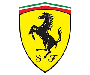 Logo Ferrari với hình ngựa chồm màu đen trên nền vàng, biểu tượng của sự uy quyền, tốc độ và sang trọng
