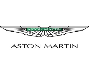 Logo Aston Martin với đôi cánh bạc và tên thương hiệu ở giữa, tượng trưng cho tốc độ, hiệu suất và sự tinh tế