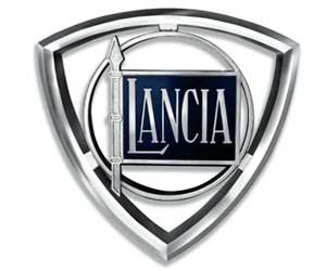 Logo xe Lancia với vô lăng và mũi tên trong lá cờ, biểu tượng cho sự tiến bộ và kỹ thuật