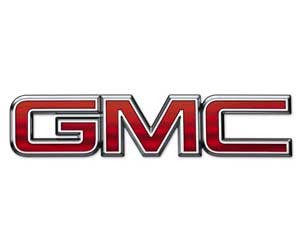 Logo xe GMC với chữ GMC màu đỏ nổi bật, biểu tượng của xe tải và SUV hạng sang Mỹ