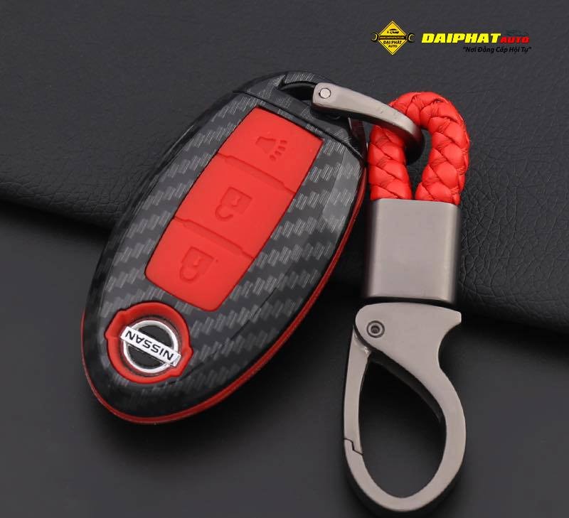 Bao da bọc chìa khoá xe ô tô Nissan vân carbon, màu sắc bền đẹp