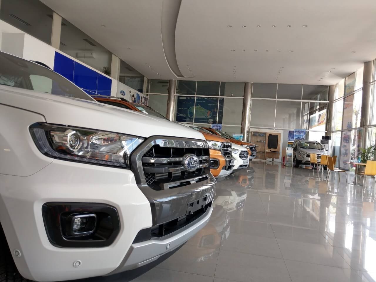 Khu vực trưng bày rộng rãi với đa dạng mẫu xe Ford tại đại lý xe ô tô Ford tại Đà Nẵng, nổi bật là các dòng SUV và bán tải