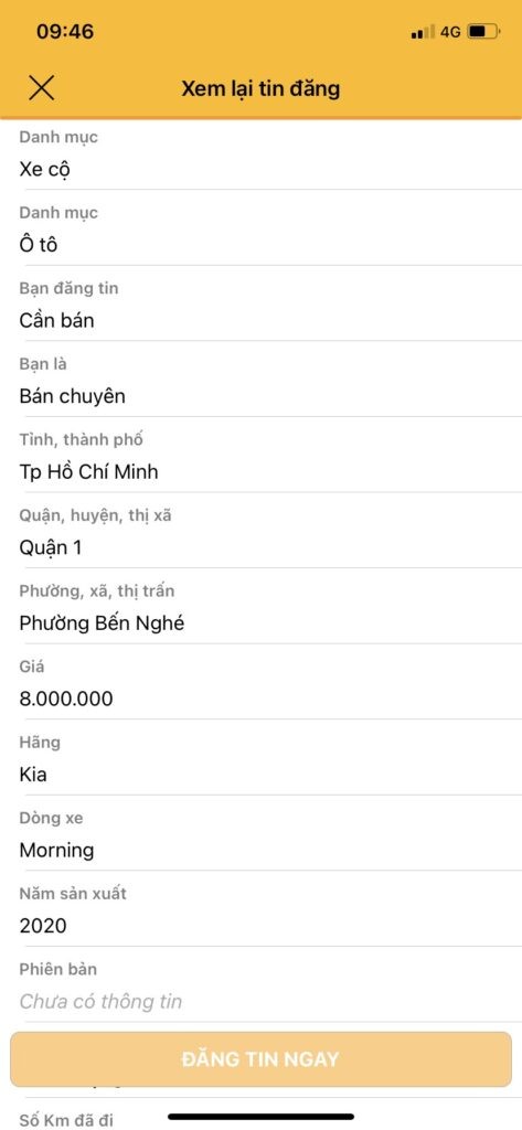 Nút &quot;Đăng tin&quot; để hoàn tất quy trình đăng bán xe trên Chợ Xe Tốt Ô Tô sau khi kiểm tra.