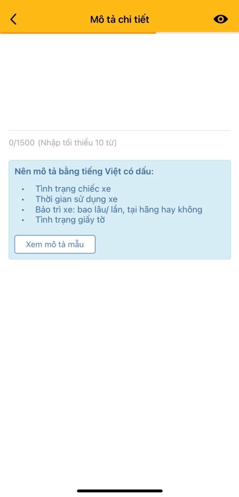 Giao diện tạo tiêu đề và nhập mô tả chi tiết xe ô tô khi đăng tin trên Chợ Xe Tốt Ô Tô.