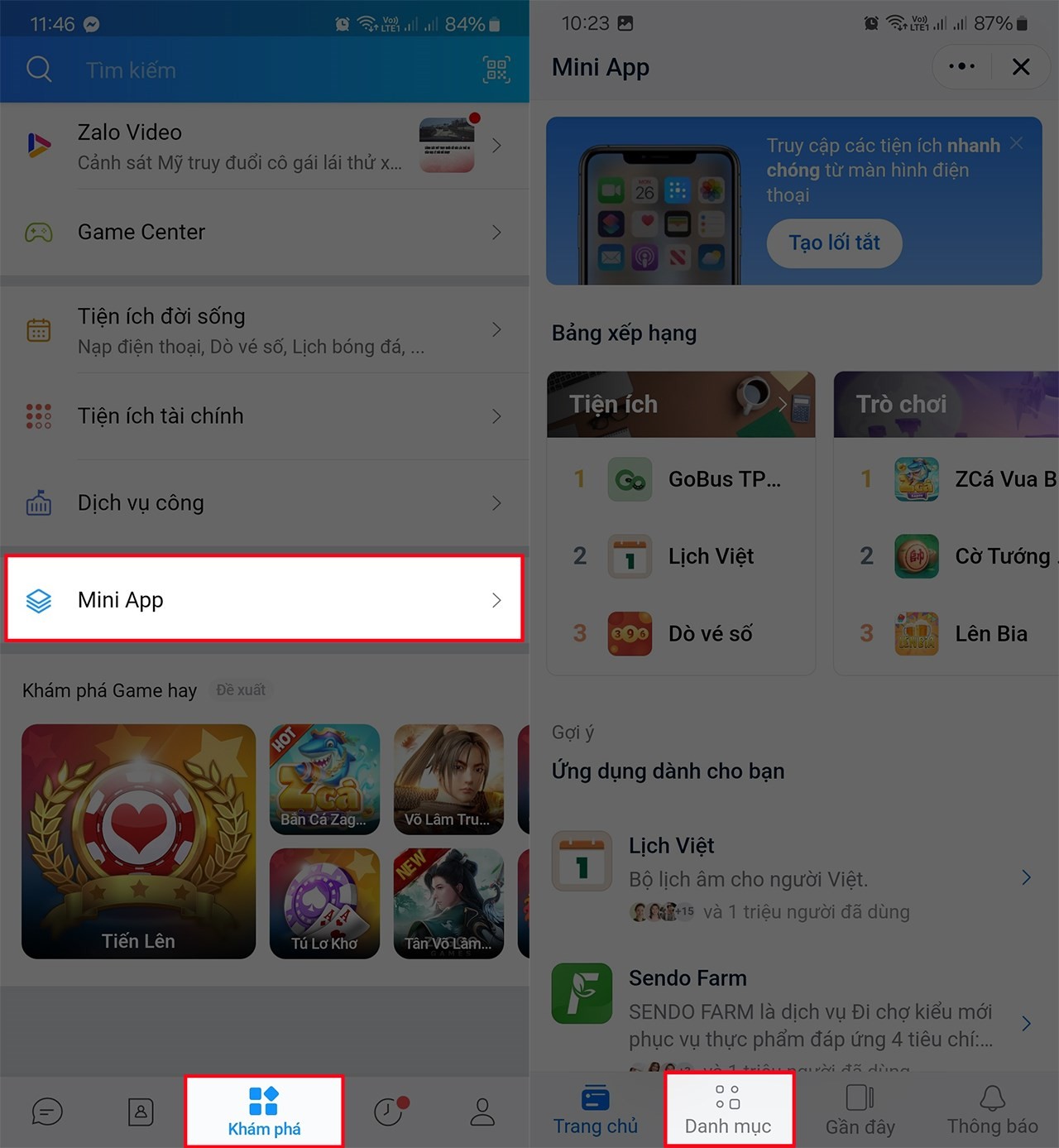 Giao diện chọn mục Mini Apps để tìm ứng dụng đặt lịch đăng kiểm xe ô tô trên Zalo