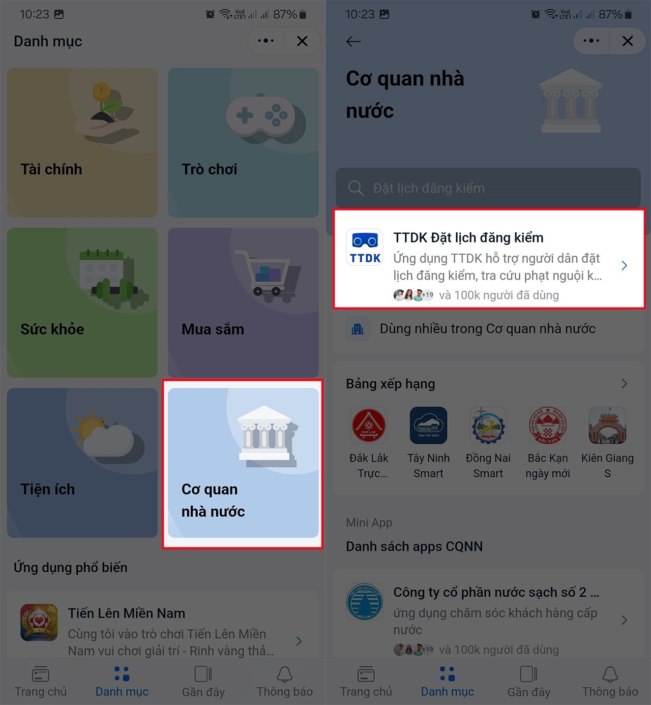 Các bước chọn mục Cơ quan nhà nước và TTDK đặt lịch đăng kiểm xe ô tô trong Zalo Mini Apps