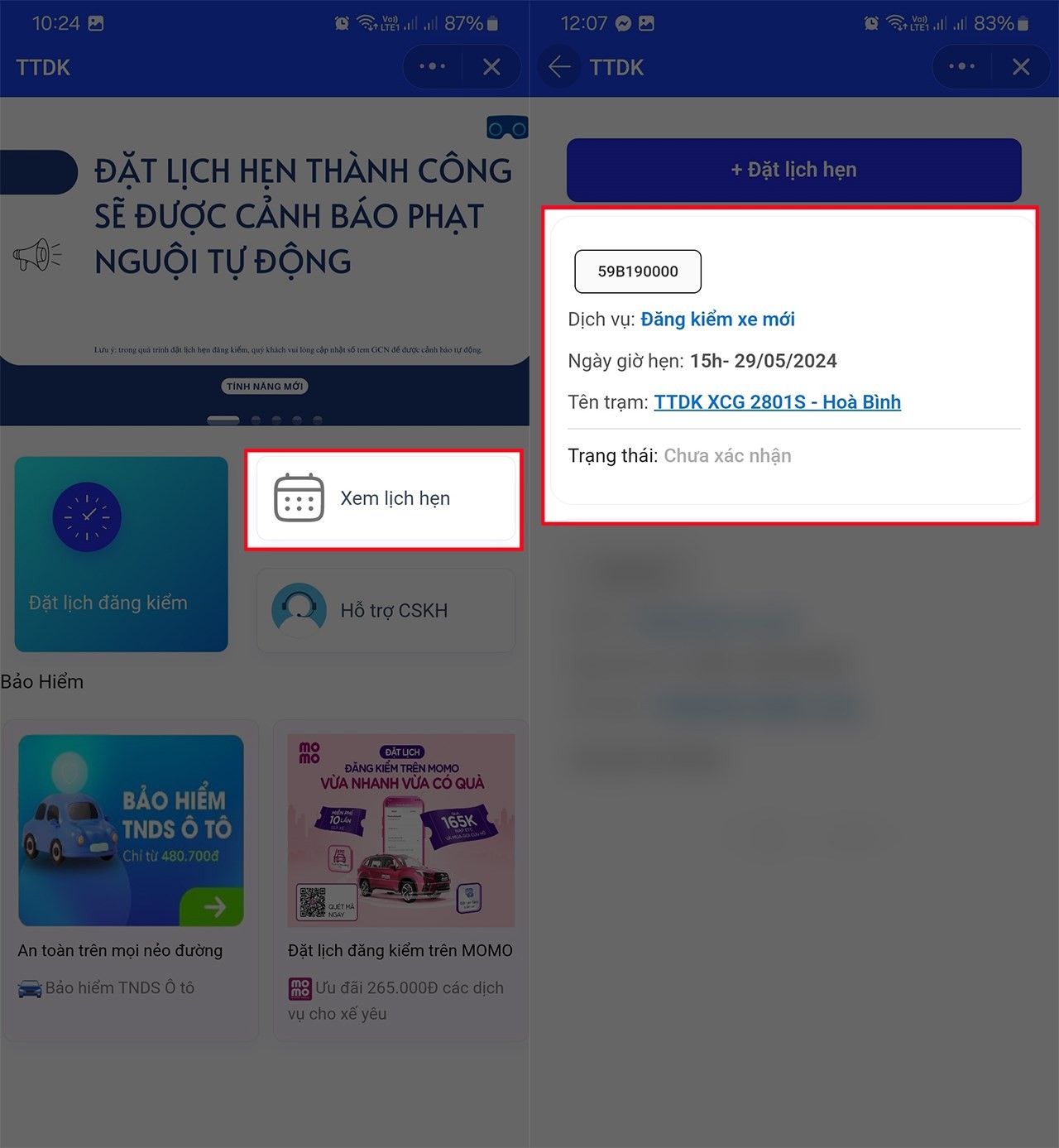 Màn hình hiển thị các lịch đăng kiểm xe ô tô đã hẹn để người dùng kiểm tra lại