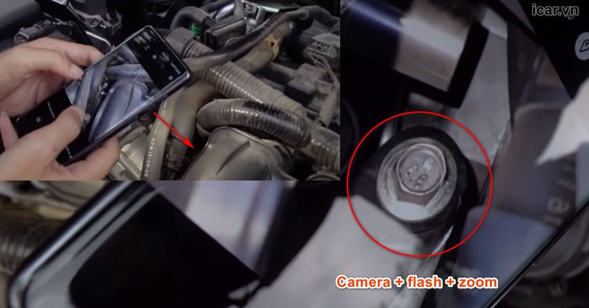 Sử dụng camera điện thoại soi các ốc vít khuất sâu bên trong khoang động cơ xe ô tô cũ lướt