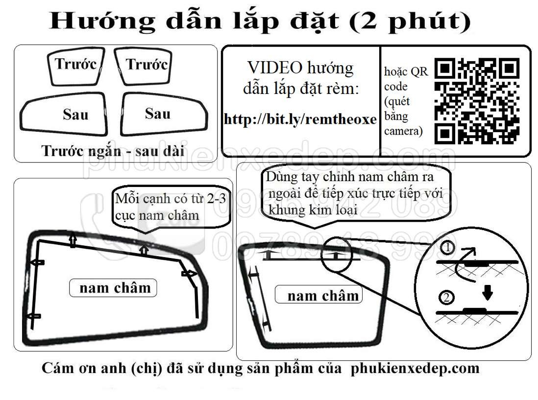 Sơ đồ hướng dẫn lắp đặt rèm che nắng ô tô nam châm