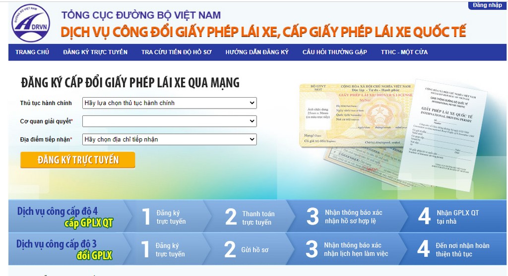 Giao diện website dịch vụ công của Tổng cục Đường bộ Việt Nam, nơi giải đáp thắc mắc và làm thủ tục online bằng lái xe ô tô.