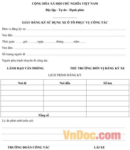 Mẫu phiếu đăng ký sử dụng xe ô tô chi tiết cho công tác