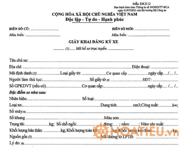 Mẫu tờ khai đăng ký xe ô tô ĐKX12 ban hành kèm Thông tư 24/2023/TT-BCA dùng cho thủ tục sang tên đổi chủ