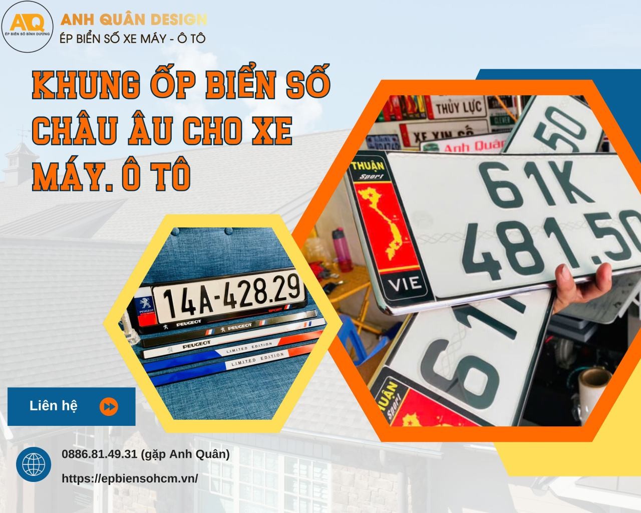Khung biển số xe ô tô châu Âu và xe máy được trưng bày, thể hiện sự đa dạng sản phẩm.