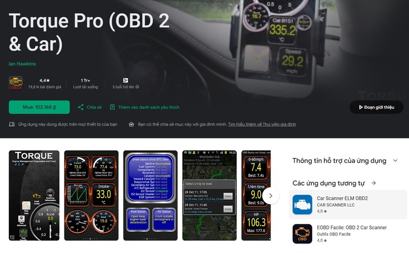 Giao diện tùy chỉnh của ứng dụng Torque Pro hiển thị nhiều thông số động cơ