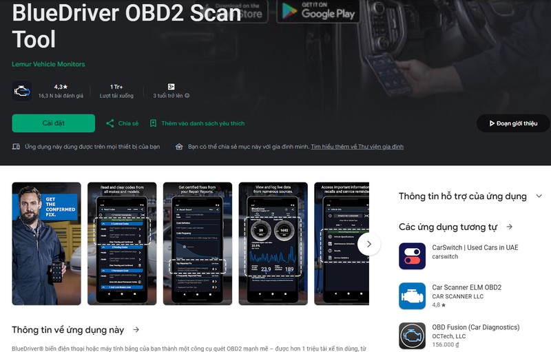 Thiết bị BlueDriver OBD2 cùng giao diện ứng dụng trên điện thoại, hiển thị báo cáo sửa chữa