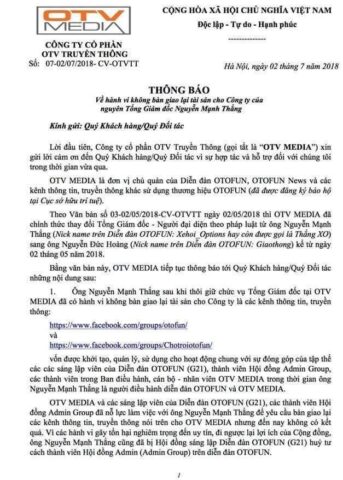 Văn bản thông báo nội bộ về tranh chấp tại diễn đàn xe ô tô Otofun