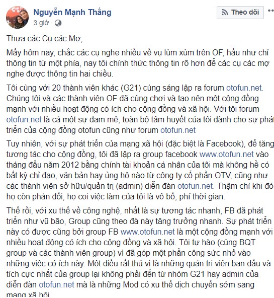 Tuyên bố của ông Nguyễn Mạnh Thắng về quyền sở hữu nhóm Facebook của diễn đàn xe ô tô Otofun