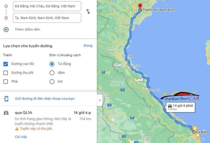 Bản đồ tuyến đường xe ô tô đi Nam Định từ Đà Nẵng