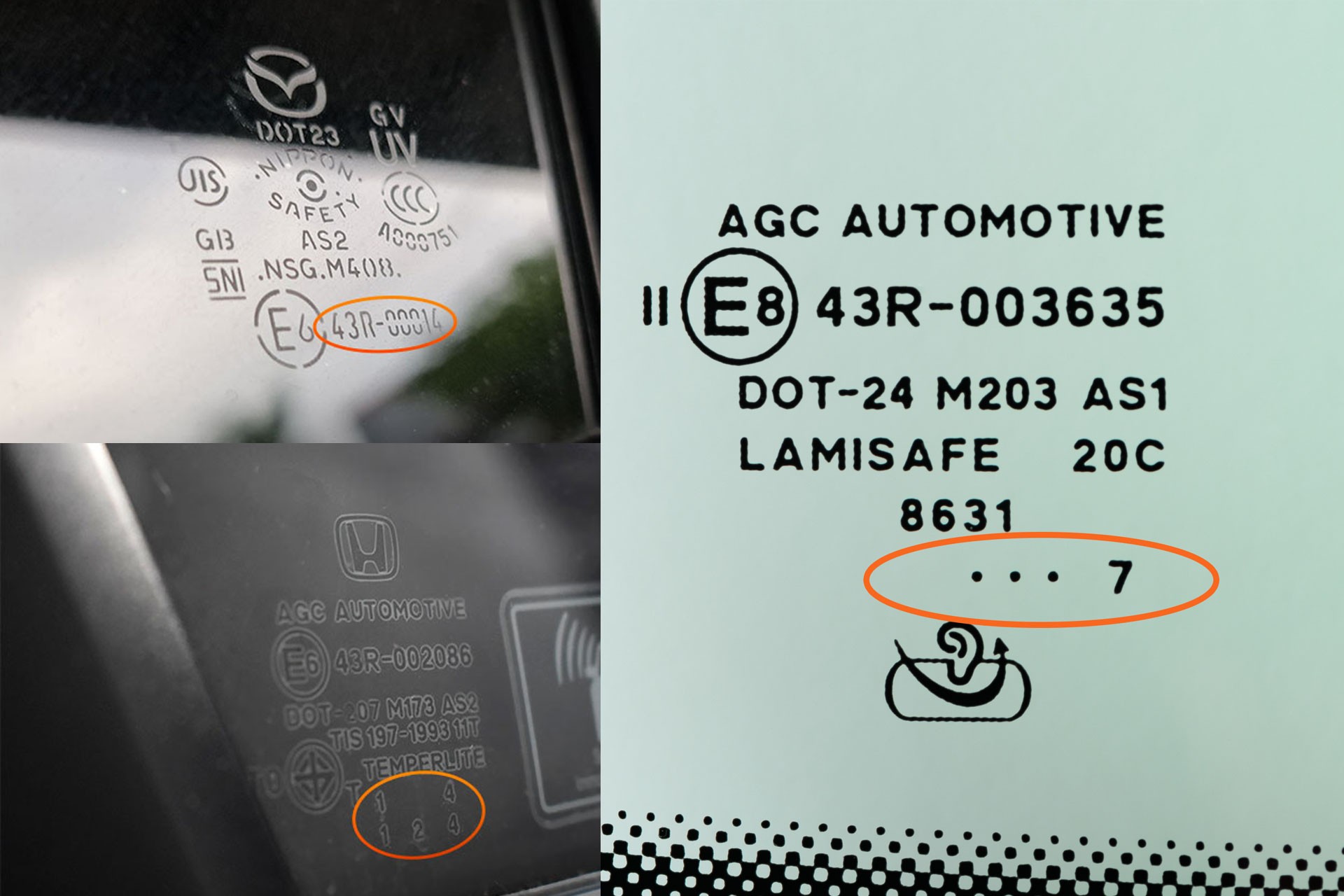 Ký hiệu phức tạp biểu thị năm sản xuất trên tấm kính chắn gió xe ô tô