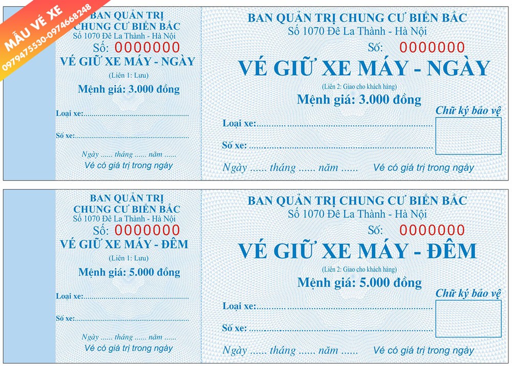 Mẫu vé gửi xe ô tô cho chung cư ngày và đêm