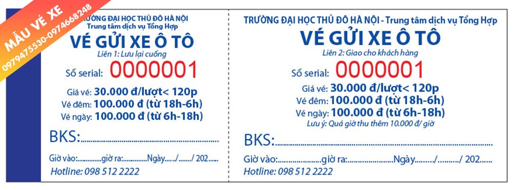 Mẫu vé gửi xe ô tô cho trường học