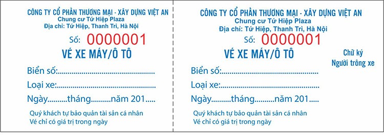 Mẫu vé gửi xe ô tô cho chung cư Tứ Hiệp