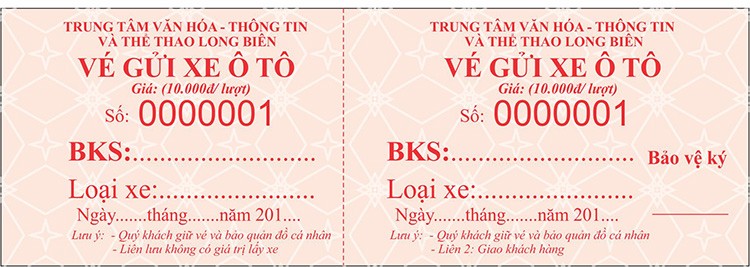 Mẫu vé gửi xe ô tô cho trung tâm văn hóa
