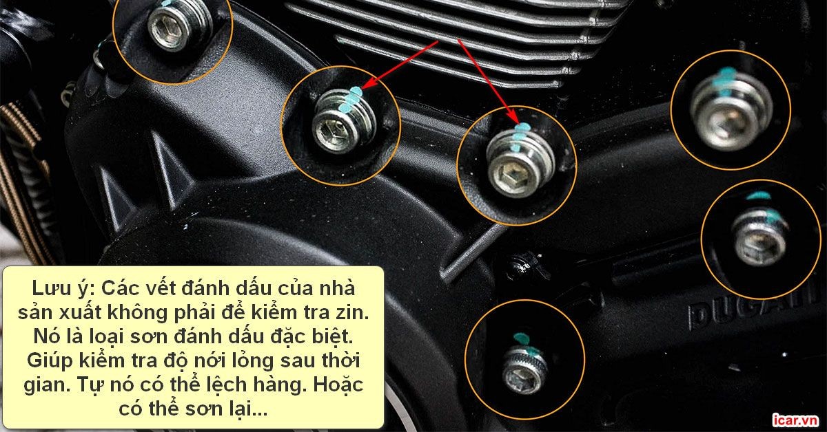 Vệt sơn đánh dấu nguyên bản của nhà sản xuất trên ốc vít động cơ xe ô tô cũ