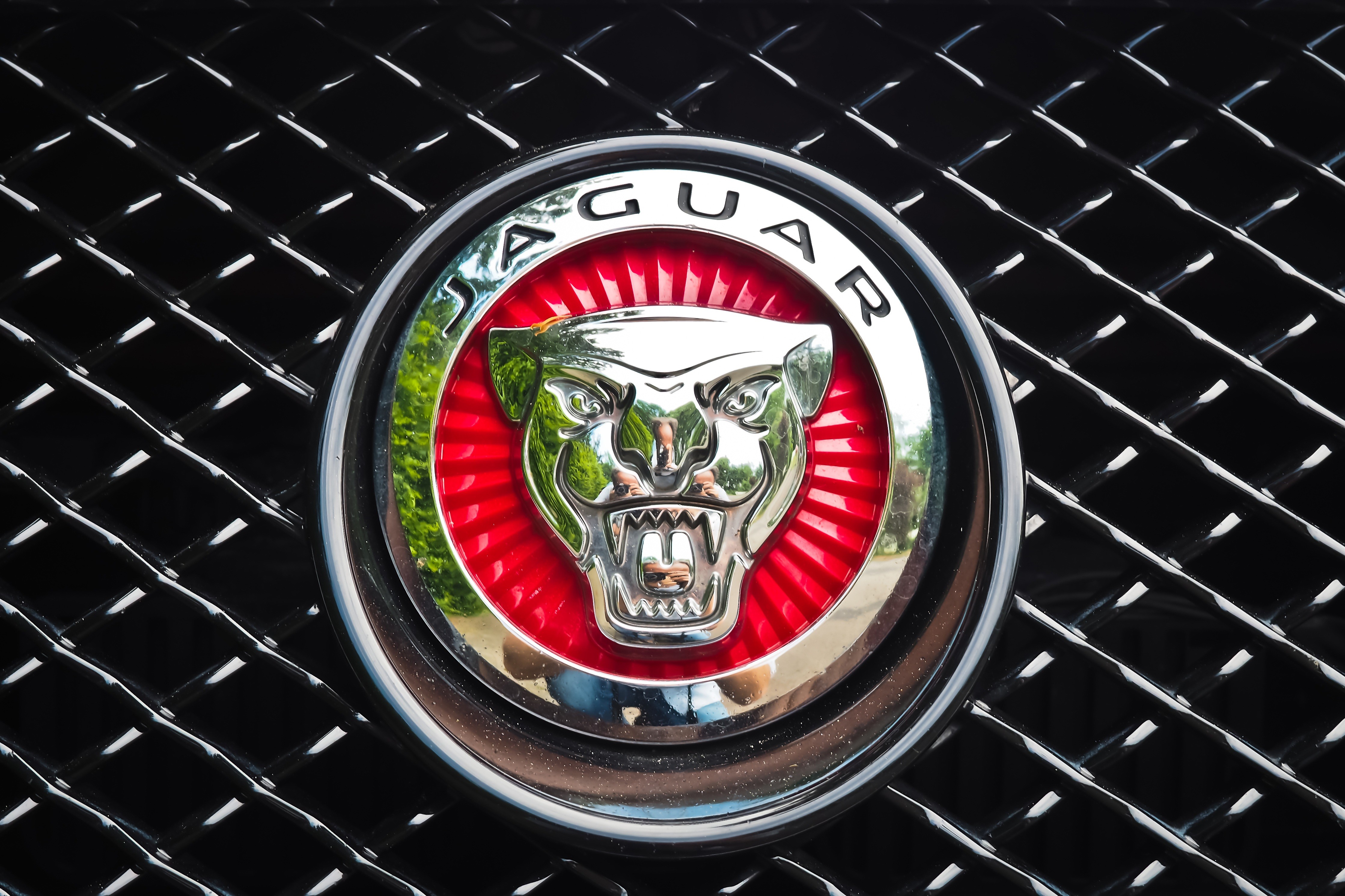 Chi tiết ký hiệu xe ô tô luxury Jaguar trên lưới tản nhiệt, biểu tượng của sự sang trọng và tốc độ.