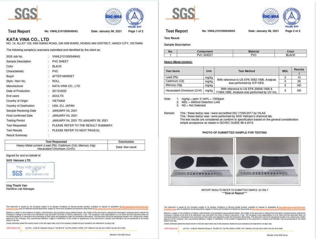 Chứng nhận SGS uy tín cho chất lượng vượt trội của thảm lót sàn KATA dành cho xe ô tô Kia