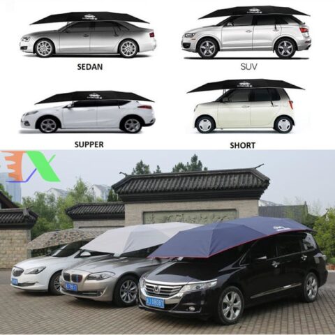 Dù che xe ô tô Dingku màu bạc đang mở rộng trên nóc xe, bảo vệ xe khỏi nắng gắt