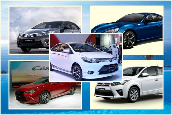 Hình ảnh các dòng xe ô tô 4 chỗ Toyota tại showroom, minh họa việc tìm hiểu giá xe và các mẫu xe phổ biến.