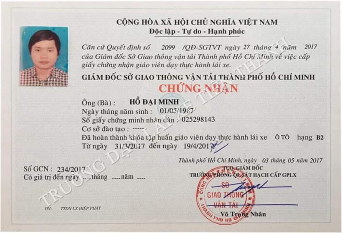 Giấy phép dạy lái xe chứng nhận chuyên môn của trung tâm dạy lái xe ô tô Bình Thạnh