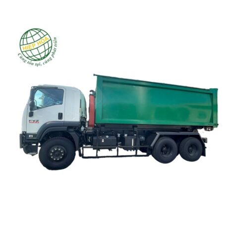 Cơ cấu hooklift hiện đại của xe ô tô chở rác chuyên dùng Hiệp Hòa đang nâng thùng chứa rác