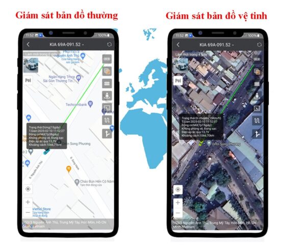 Giao diện theo dõi thiết bị định vị trên bản đồ vệ tinh