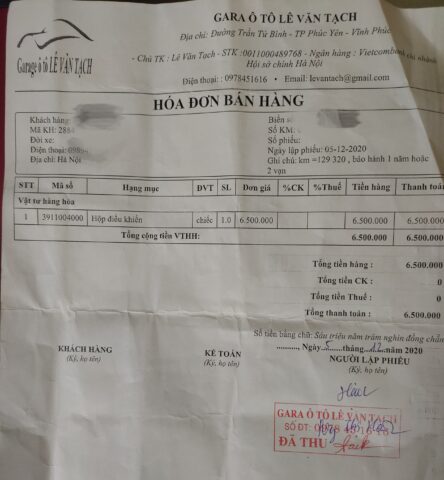 Hóa đơn thanh toán của khách hàng tại Gara ô tô Lê Văn Tạch, bằng chứng vụ luộc đồ xe ô tô