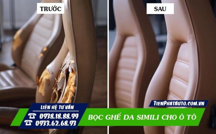 Hình ảnh so sánh ghế xe ô tô trước và sau khi bọc da Simili, minh họa sự thay đổi thẩm mỹ và chất lượng.
