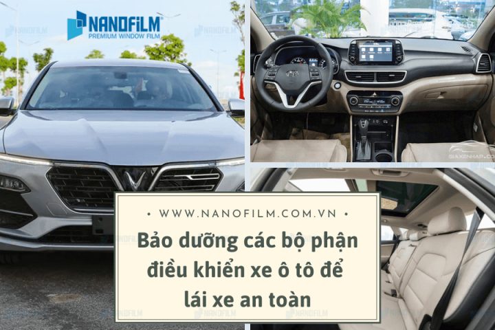 Buồng lái ô tô với vô lăng, bảng taplo và cần số hiển thị các bộ phận điều khiển xe ô tô