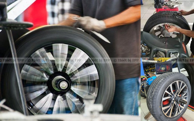 Kỹ thuật viên đang thực hiện cân bằng mâm lốp xe ô tô bằng máy chuyên dụng, đảm bảo xe vận hành ổn định