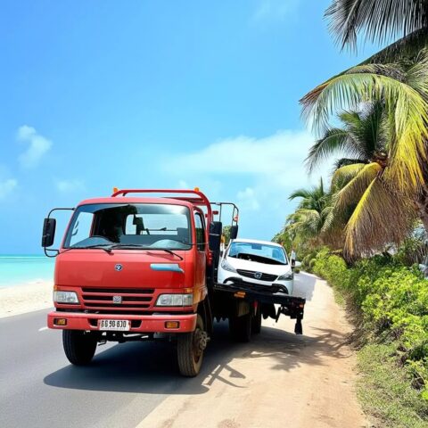 Xe cứu hộ đang kéo một chiếc ô tô con gặp sự cố trên đường vắng ở Phú Quốc, thể hiện dịch vụ cứu hộ xe ô tô Phú Quốc khẩn cấp