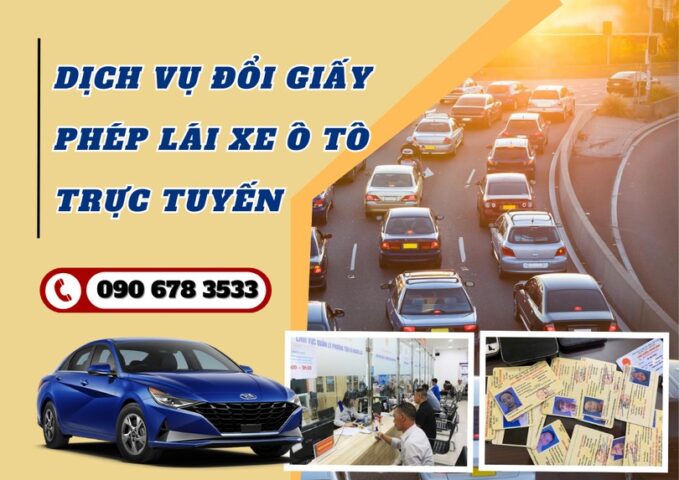 Một người phụ nữ đang thực hiện đơn đổi giấy phép lái xe ô tô trực tuyến trên máy tính.