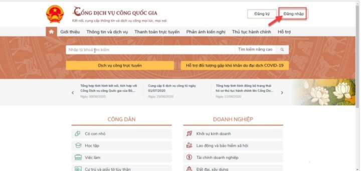 Giao diện đăng nhập Cổng Dịch vụ công Quốc gia để thực hiện thủ tục đổi bằng lái xe ô tô B2 online