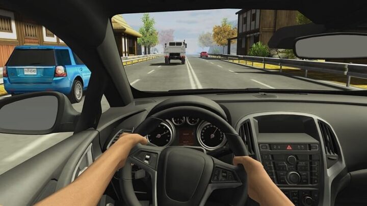 Mô phỏng giao diện game tập lái xe ô tô trên máy tính với hình ảnh 3D sống động