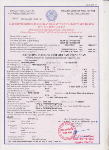 Chứng nhận xe ben Dongfeng Trường Giang 7.7 tấn TG-FA8,0B4X2-1
