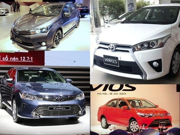 Bảng giá xe ô tô 2015 Toyota tổng quan, hiển thị các mẫu xe 4-5 chỗ được ưa chuộng