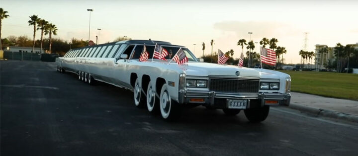 Hình ảnh cận cảnh chiếc American Dream, xe ô tô dài nhất thế giới, với thiết kế limousine độc đáo và sang trọng.