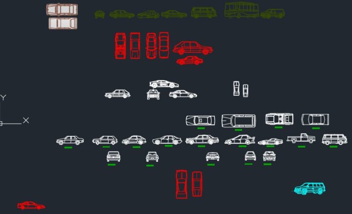 Các mẫu xe ô tô đa dạng trong thư viện CAD, thể hiện sự phong phú của bản vẽ thiết kế