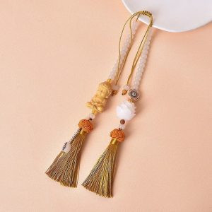 Dây khánh treo xe ô tô phong thủy với mặt Phật Thích Ca và tua rua vàng sang trọng